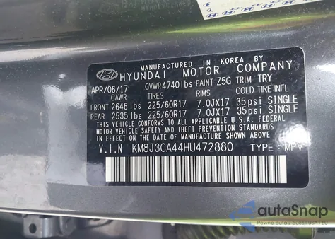2017 Hyundai Tucson Se Plus z USA, uszkodzony, nr VIN KM8J3CA44HU472880